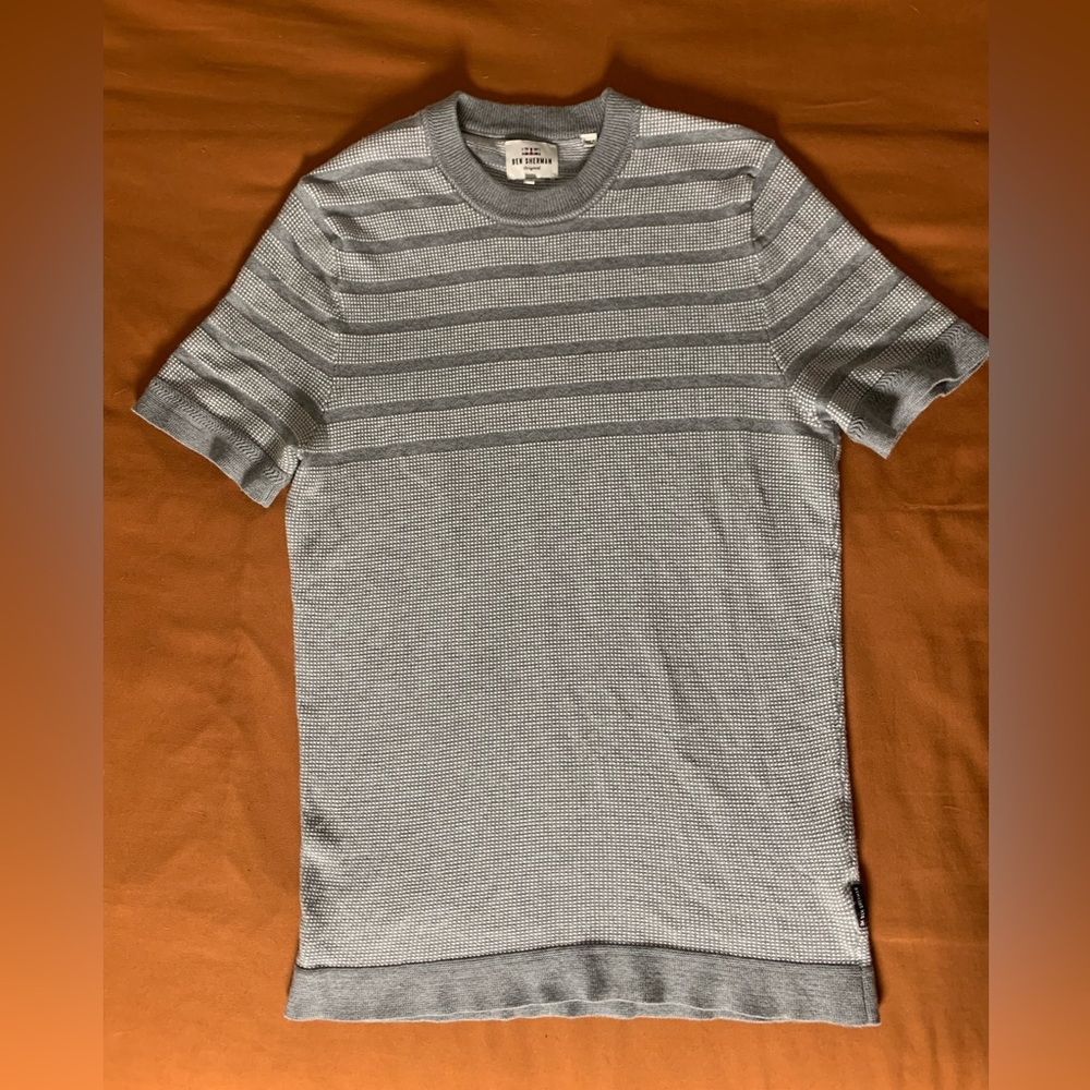 Ben Sherman Mens Short Sleeve Shirt Grey and White Stripes Small